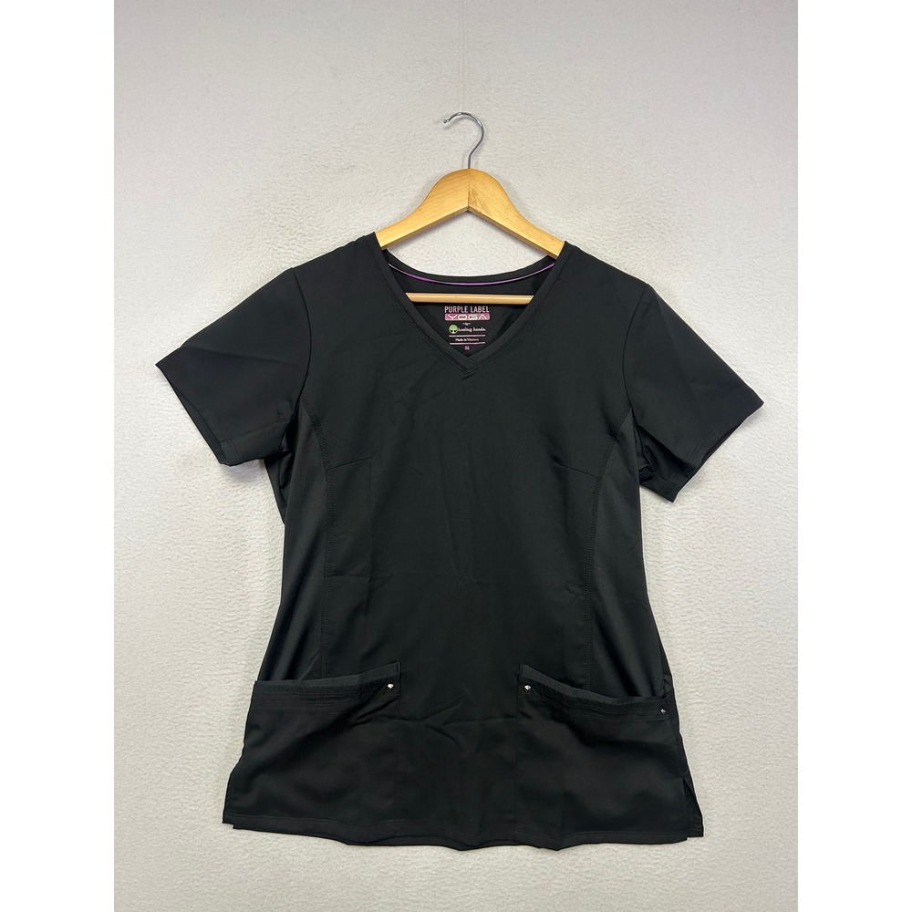 Nurse Medical Healing Hands Womens M Black Purple Label Yoga V-Neck Scrub Top